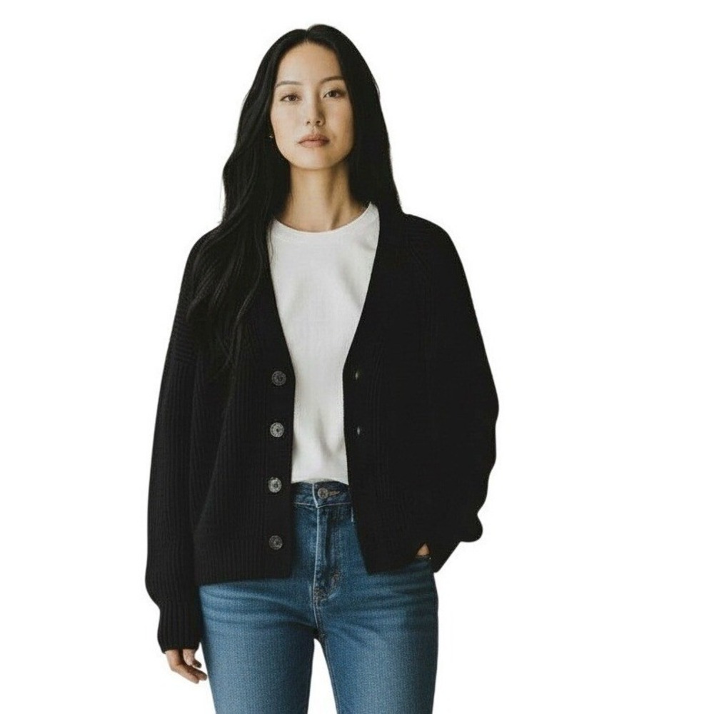 Old Navy Black Button Front Ribbed‎ Cardigan S Cotton Wool Blend Minimalist